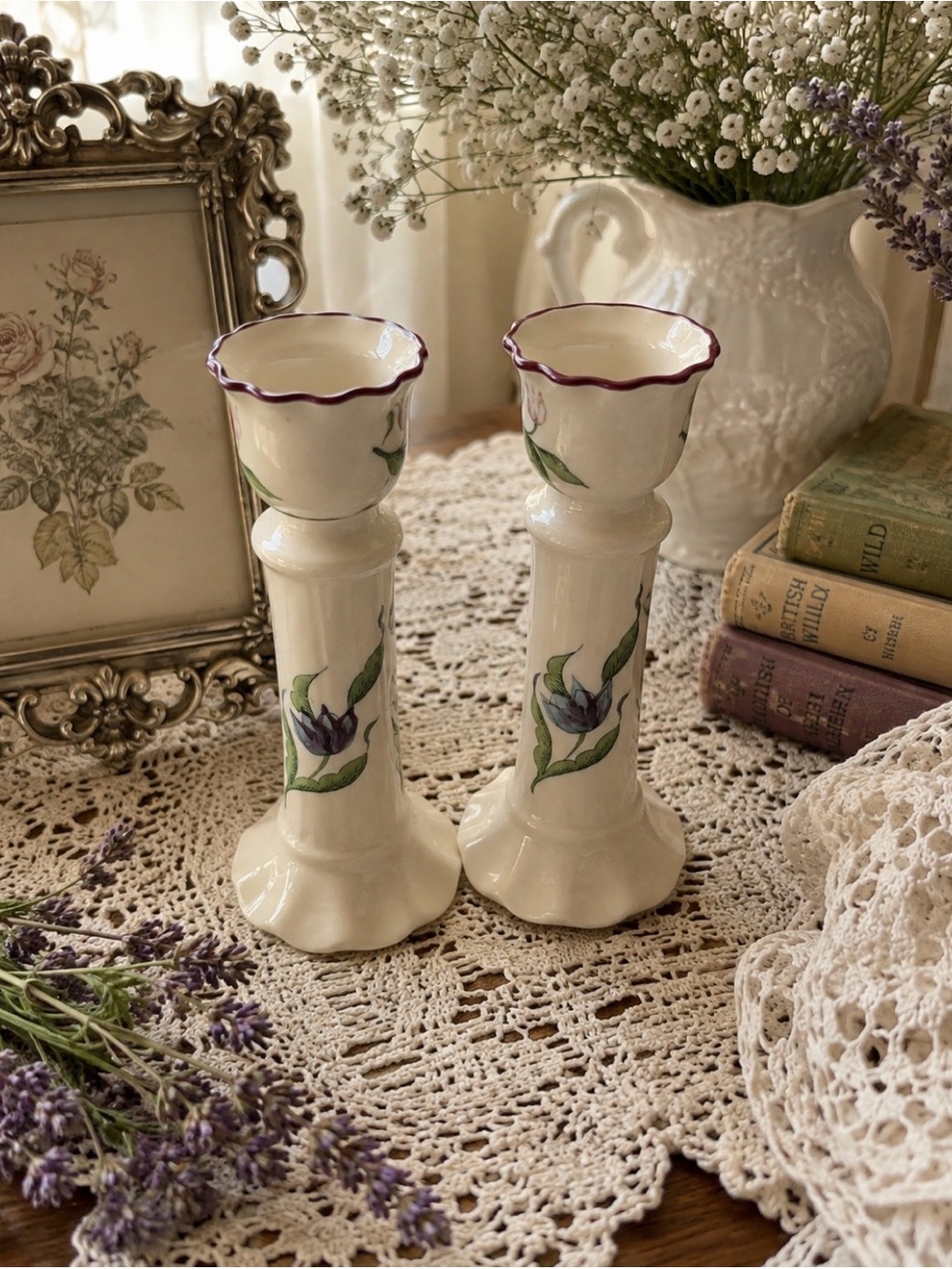 Vintage MANN Japan 1982 Floral Candlestick Holders Pair Cottagecore Porcelain